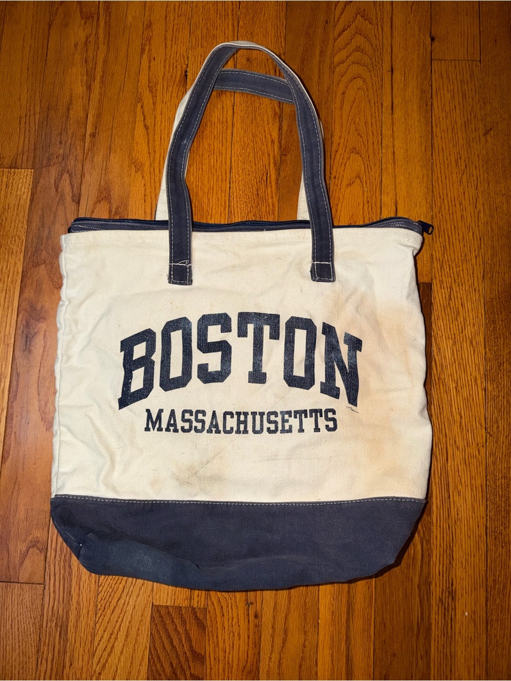 Boston Massachusetts Canvas Tote Bag - Cream Ivory Navy Blue 16” Light